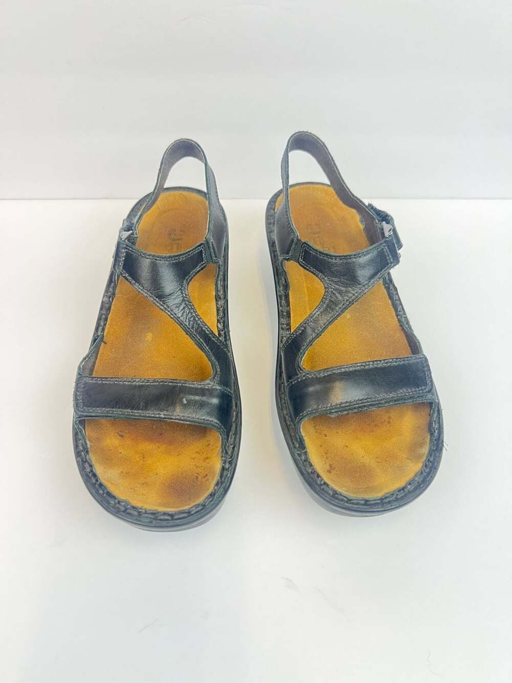 NAOT Women's Black Leather Slingback Wedge Sandals With Rhinestone Detail Sz 8.5